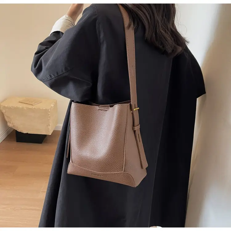 Women Textured Bucket Bag Brown Vintage Shoulder Crossbody — feature 25