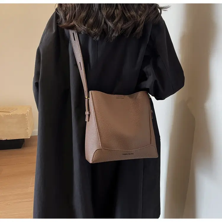 Women Textured Bucket Bag Brown Vintage Shoulder Crossbody — feature 26