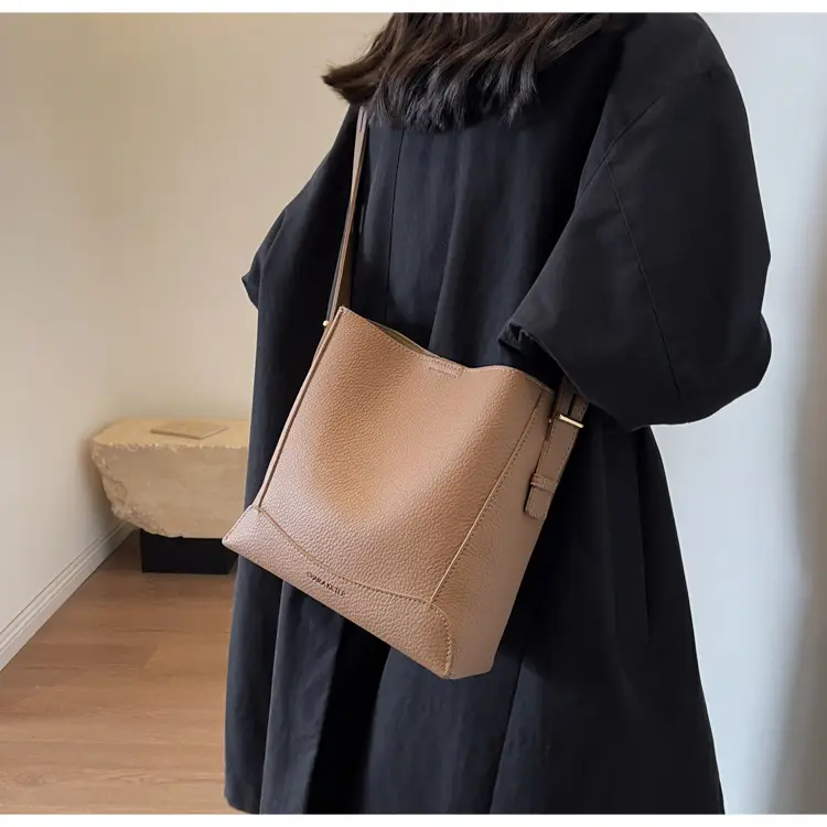 Women Textured Bucket Bag Brown Vintage Shoulder Crossbody — feature 29