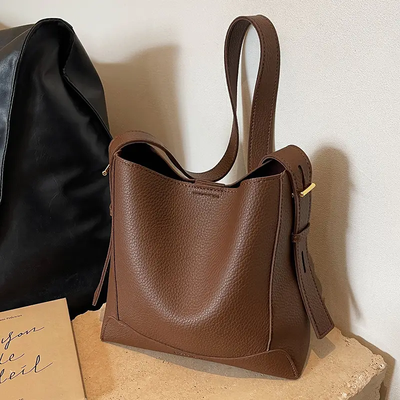 Women Textured Bucket Bag Brown Vintage Shoulder Crossbody