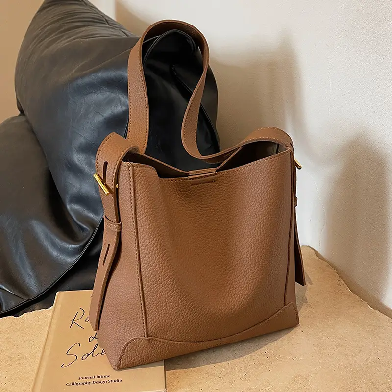 Women Textured Bucket Bag Brown Vintage Shoulder Crossbody