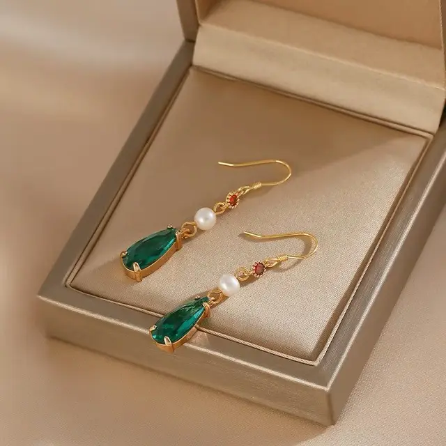 Elegant Pearl Emerald Drop Earrings with Gold Plating