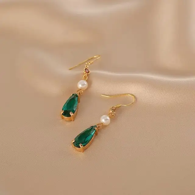 Elegant Pearl Emerald Drop Earrings with Gold Plating