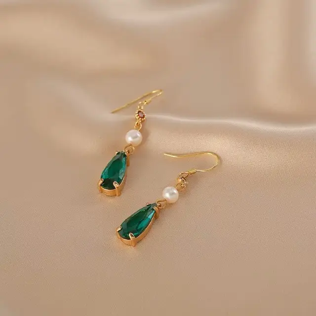 Elegant Pearl Emerald Drop Earrings with Gold Plating