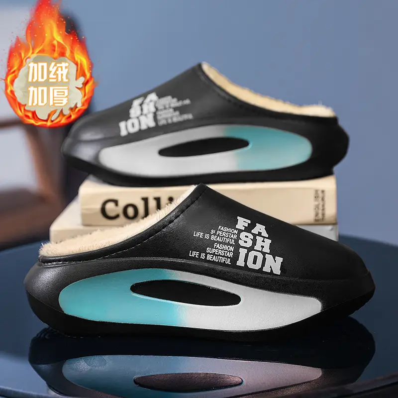 Winter cotton slippers waterproof closed toe men's thick bottom fleece-lined parent-child home slippers indoor couple's woolen slippers cotton shoes - Image 2