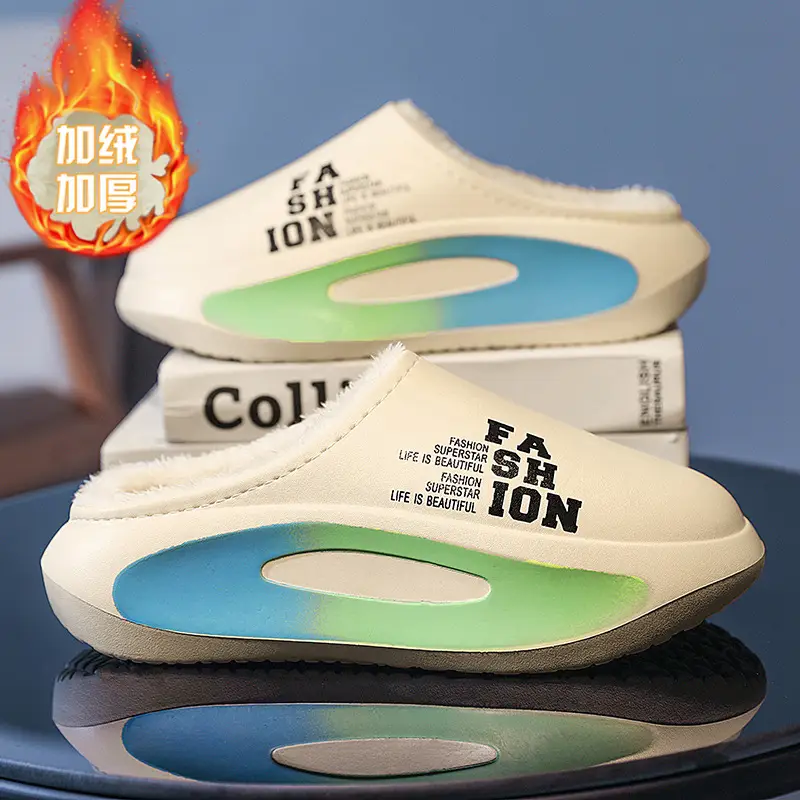 Winter cotton slippers waterproof closed toe men's thick bottom fleece-lined parent-child home slippers indoor couple's woolen slippers cotton shoes - Image 3