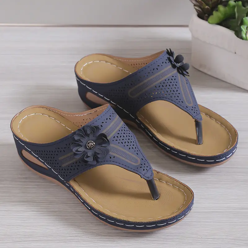 Women's Black Pearl Ankle Strap Flip Flops with Flower Decor