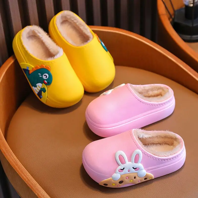 Children's Cartoon Fleece-lined Warm Cotton Shoes Children's Thick Sole Autumn and Winter Cotton Slippers Parent-child Waterproof Home Cotton Slippers Baby