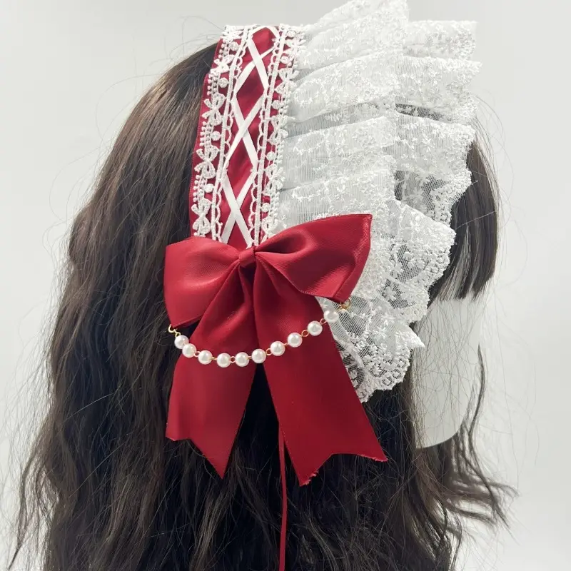 Baroque Hair Band with Red Bow & Pearl Adornment