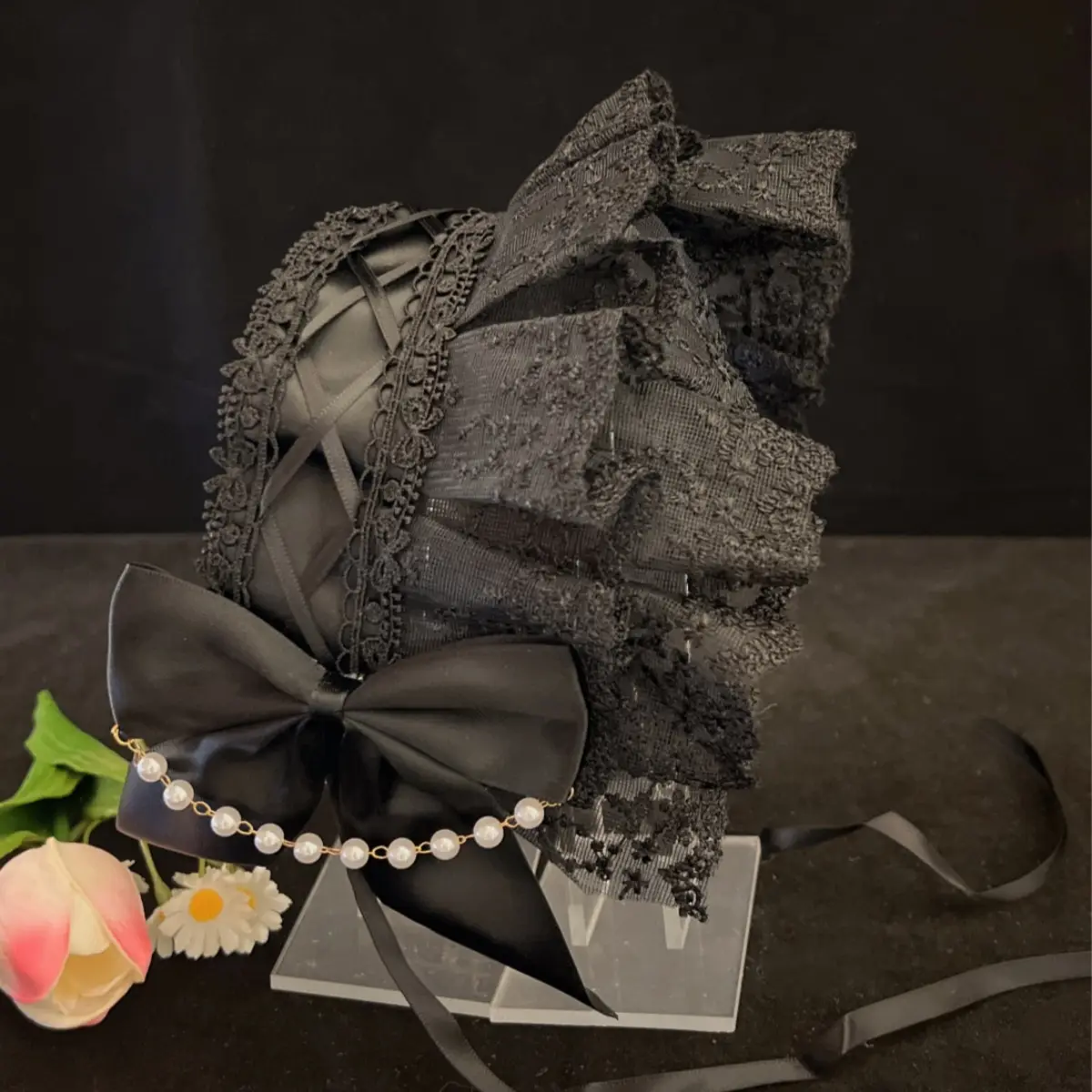 Baroque Hair Band with Red Bow & Pearl Adornment