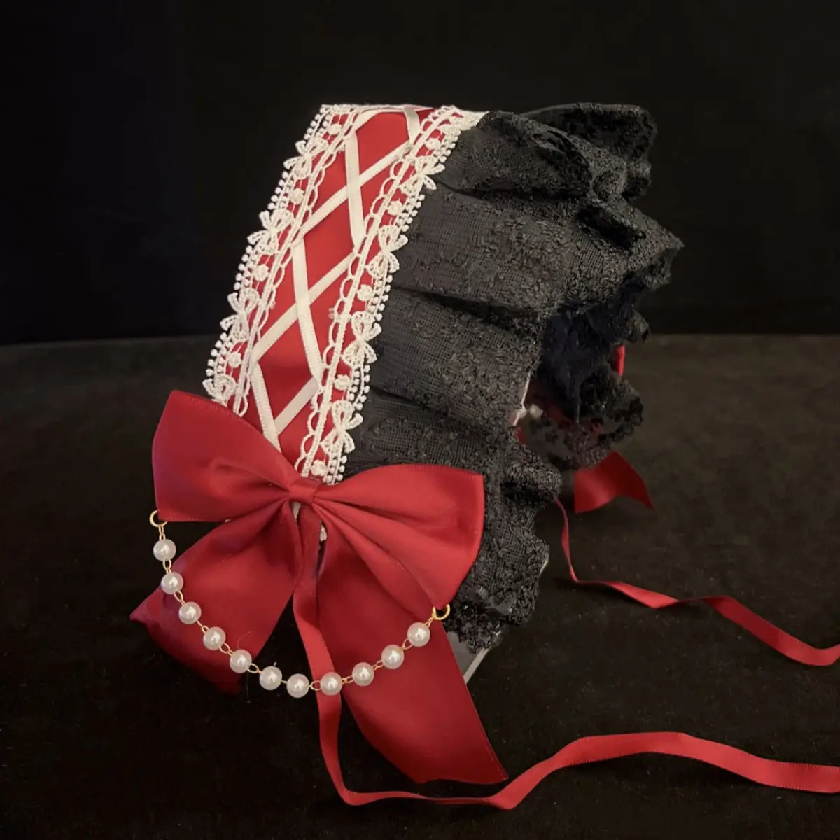 Baroque Hair Band with Red Bow & Pearl Adornment