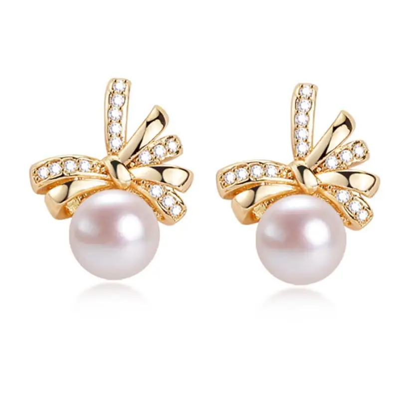 Women's Bow Pearl Earrings Copper Plated Real Gold - Image 7