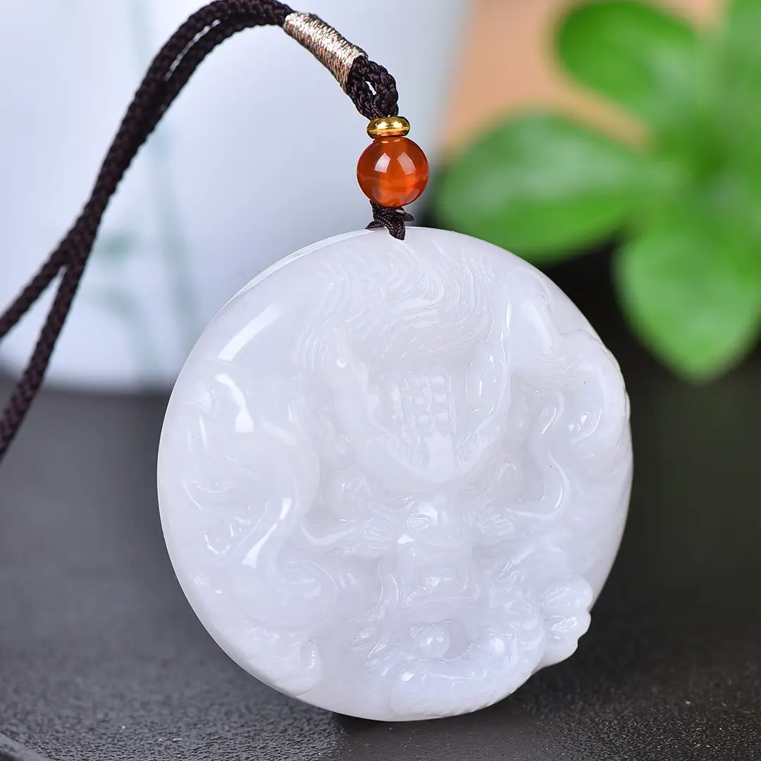 White Jade Dragon Pendant with Red Bead - Image 3