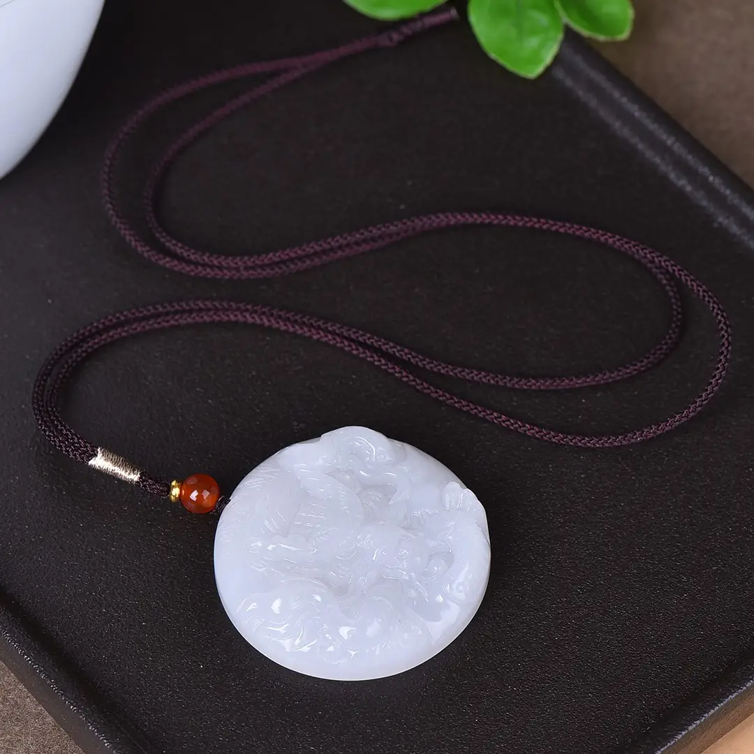 White Jade Dragon Pendant with Red Bead - Image 4