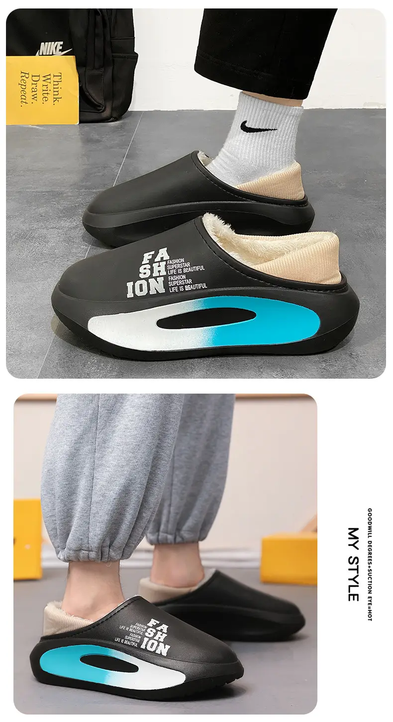 Cotton slippers men's winter indoor thick-soled fleece-lined warm leather waterproof couple cotton slippers cotton-padded shoes parent-child fashion shoes — feature 10