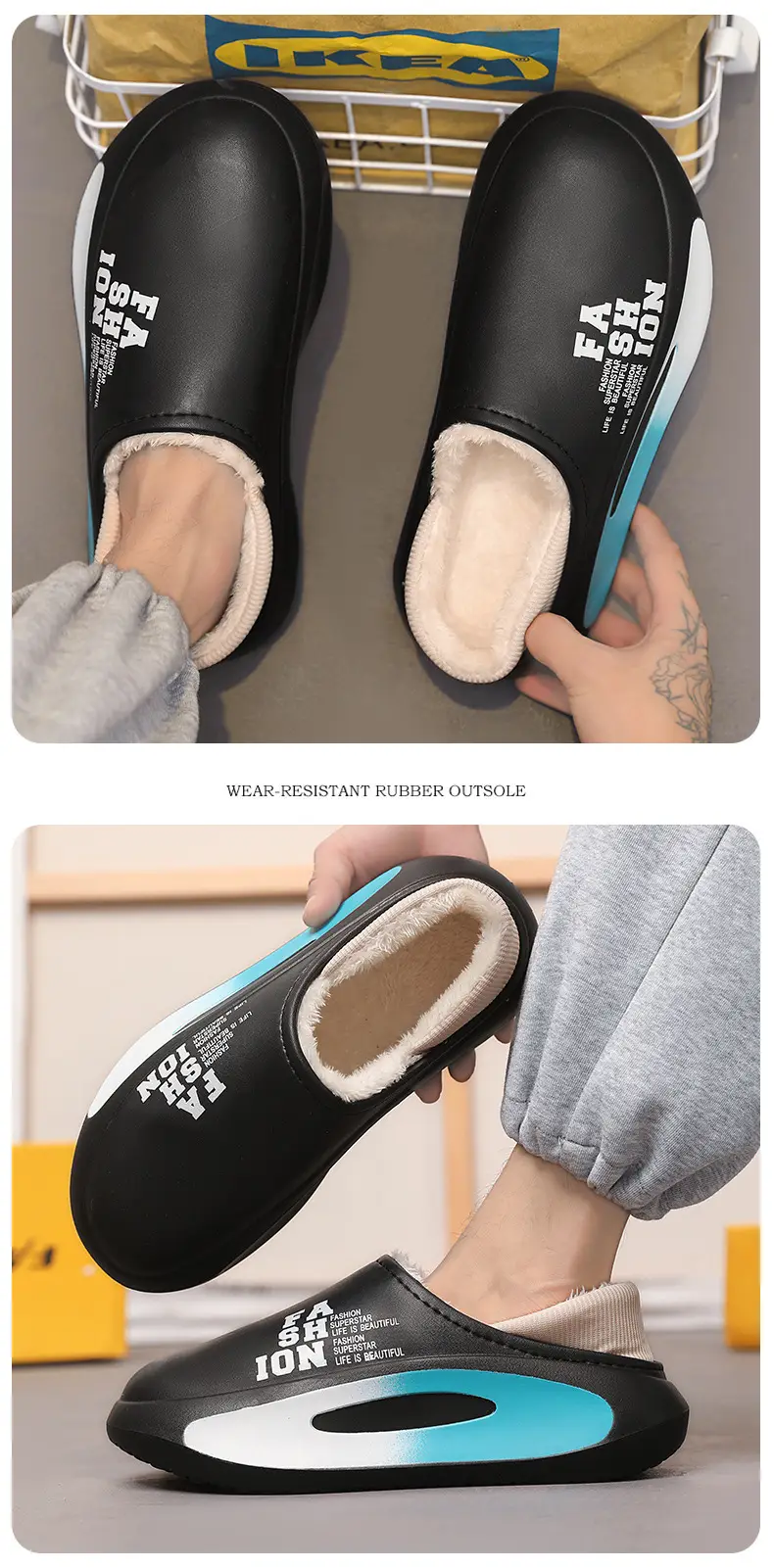 Cotton slippers men's winter indoor thick-soled fleece-lined warm leather waterproof couple cotton slippers cotton-padded shoes parent-child fashion shoes — feature 11