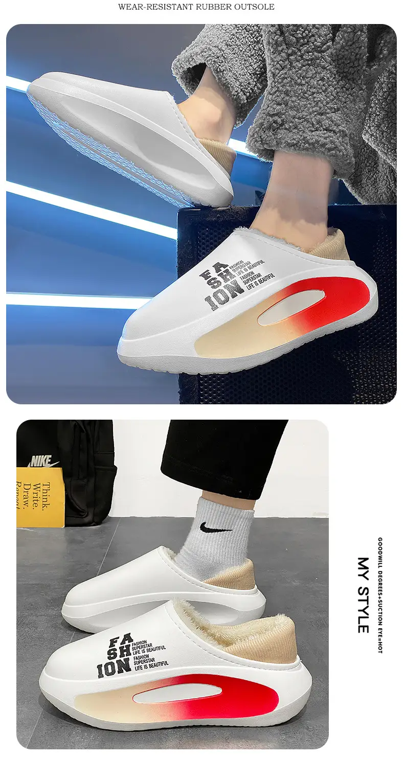 Cotton slippers men's winter indoor thick-soled fleece-lined warm leather waterproof couple cotton slippers cotton-padded shoes parent-child fashion shoes — feature 12