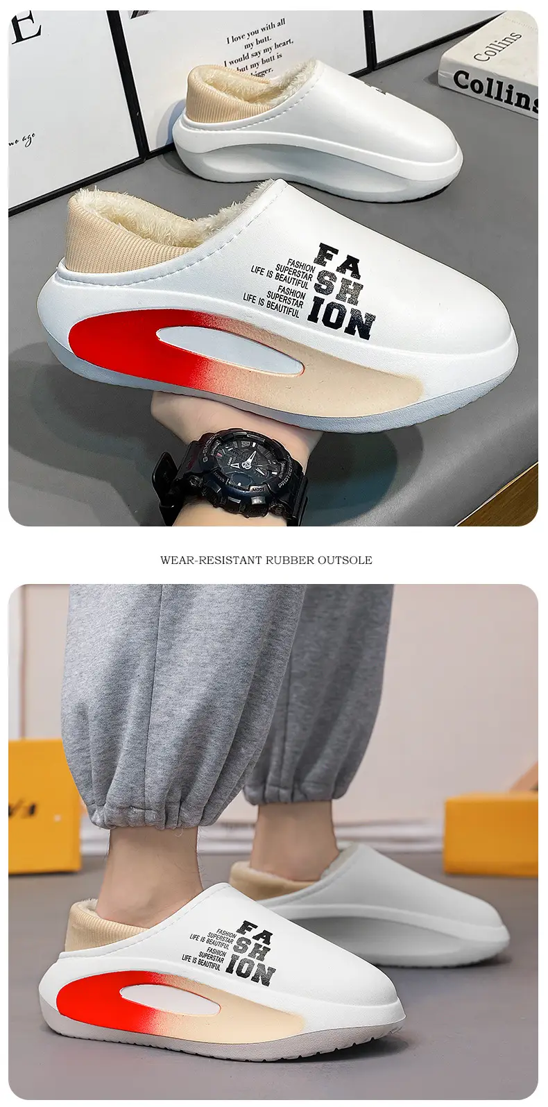 Cotton slippers men's winter indoor thick-soled fleece-lined warm leather waterproof couple cotton slippers cotton-padded shoes parent-child fashion shoes — feature 13