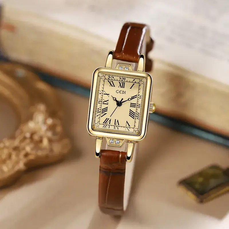 Women's Gold Square Watch with Black Leather Band - Image 3