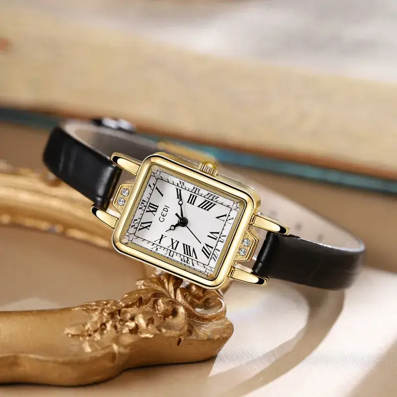 Women's Gold Square Watch with Black Leather Band - Image 4