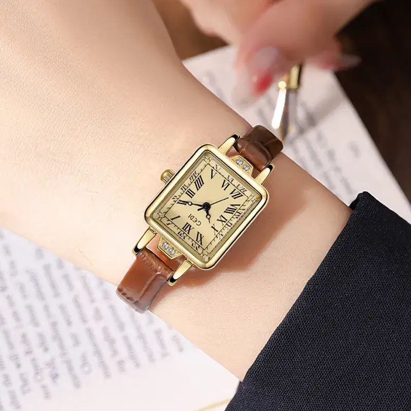 Women's Gold Square Watch with Black Leather Band - Image 5