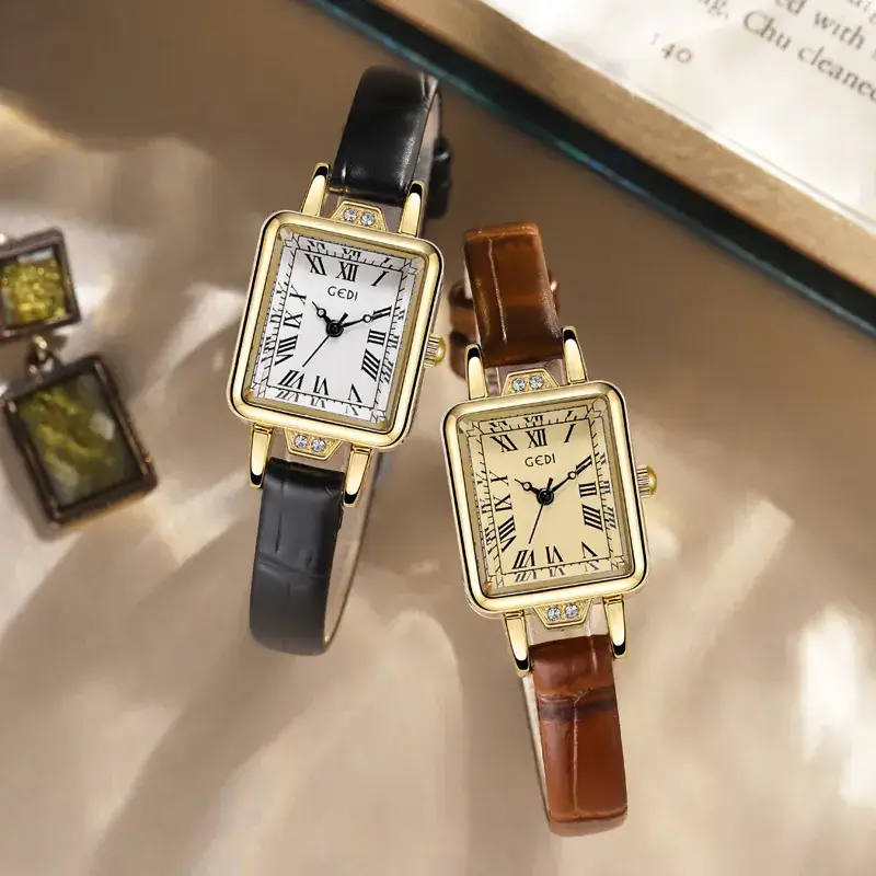 Women's Gold Square Watch with Black Leather Band - Image 6