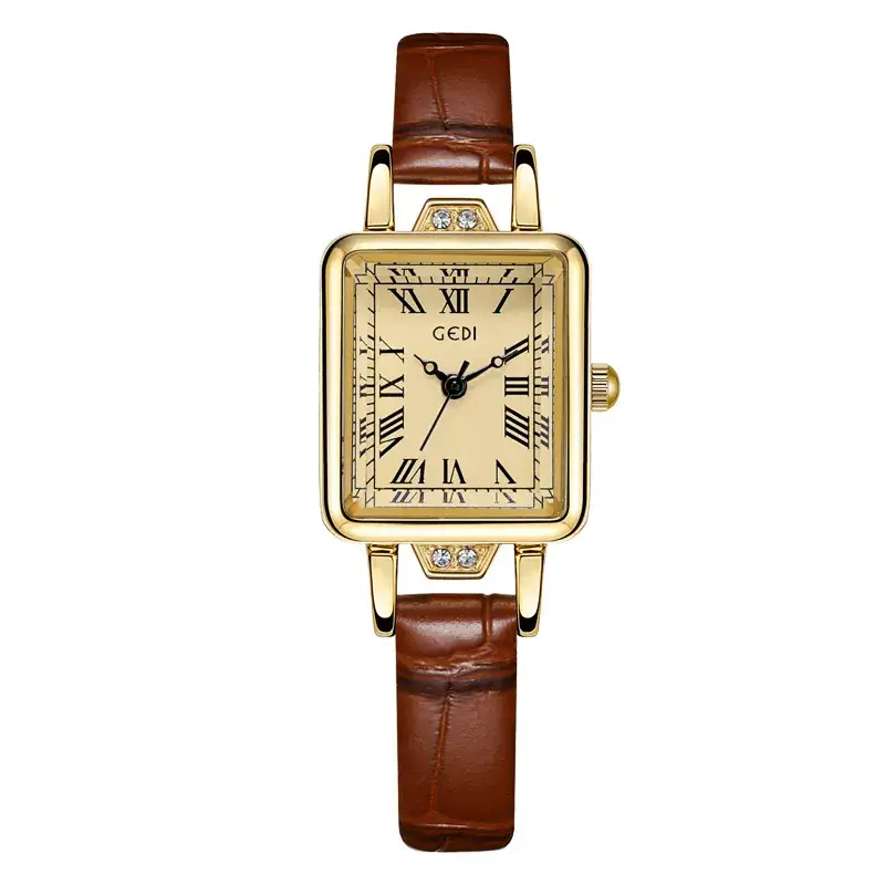 Women's Gold Square Watch with Black Leather Band - Image 7