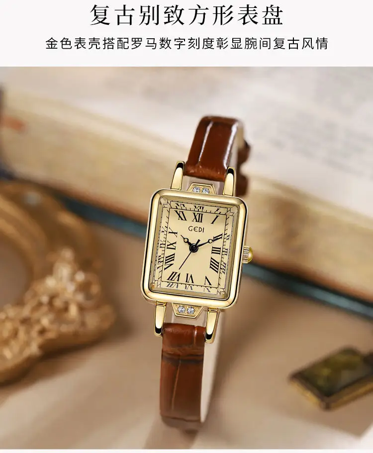 Women's Gold Square Watch with Black Leather Band — feature 3