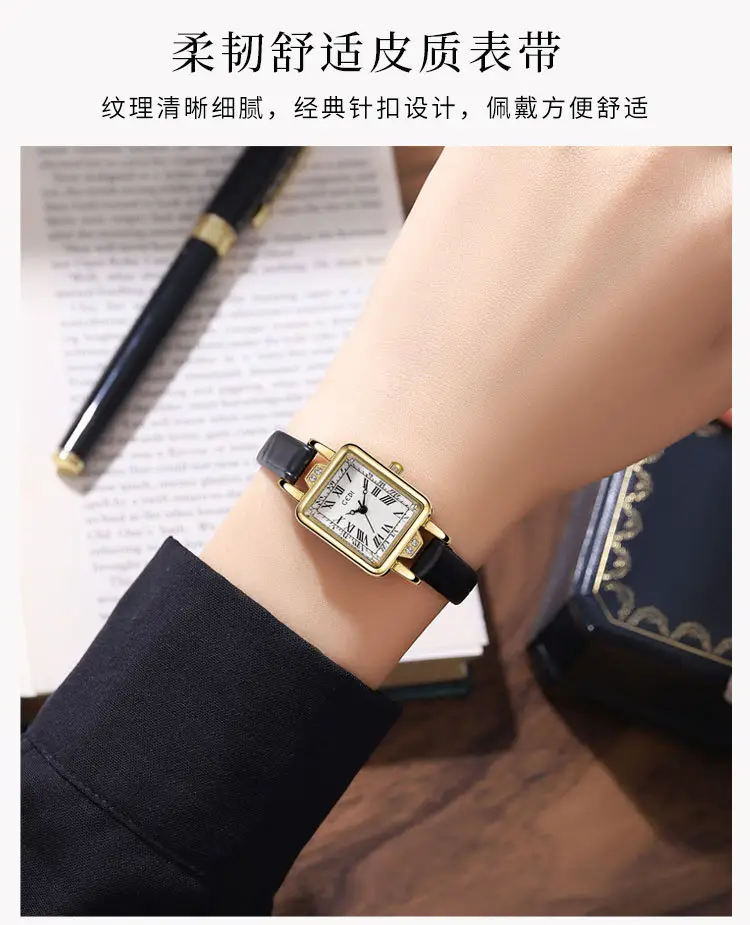 Women's Gold Square Watch with Black Leather Band — feature 4