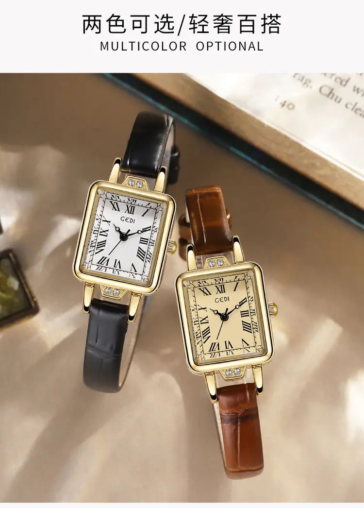 Women's Gold Square Watch with Black Leather Band — feature 5