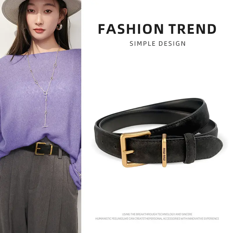 Black Anti-Velvet Women's Belt with Gold Buckle - Image 4