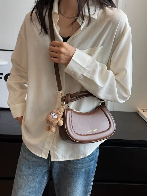 Women's French Style Shoulder Messenger Bag Brown White - Image 6