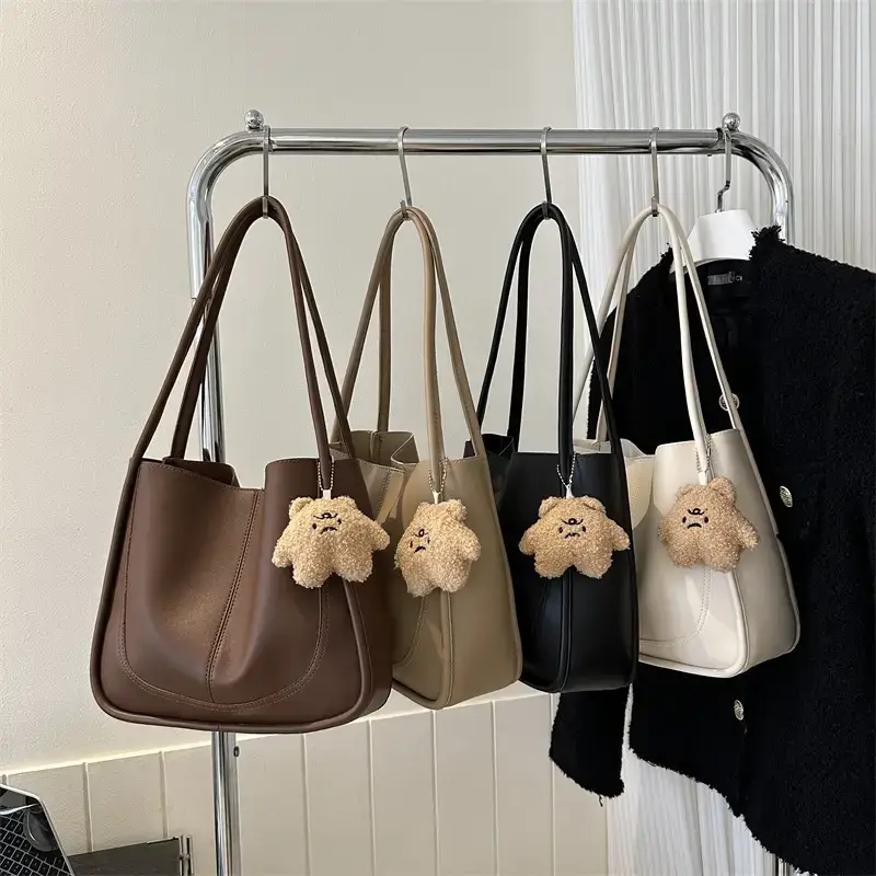 Women Retro Textured Shoulder Tote Bag Beige Winter 2023 - Image 5