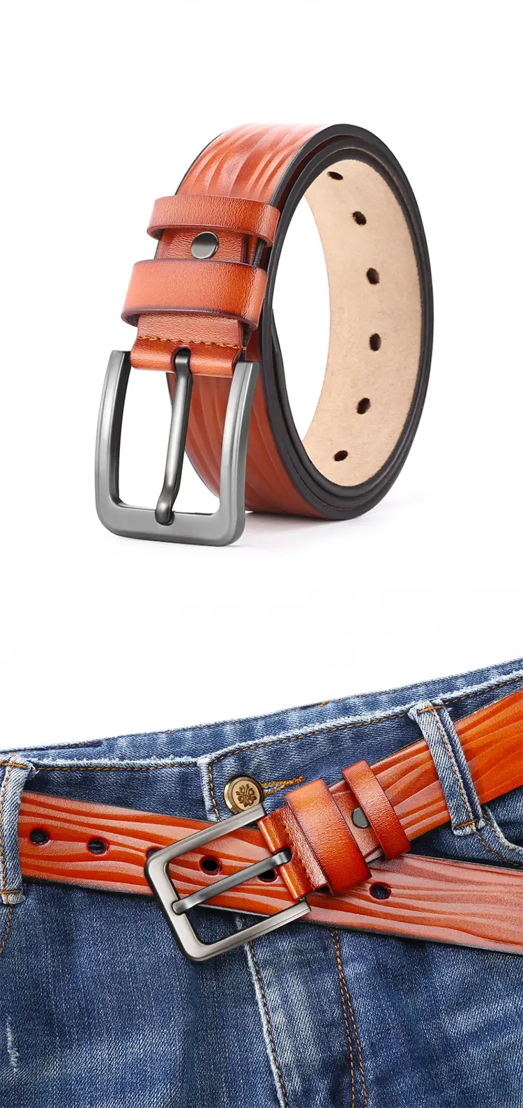 Men's Brown Leather Belt with Pin Buckle — feature 8