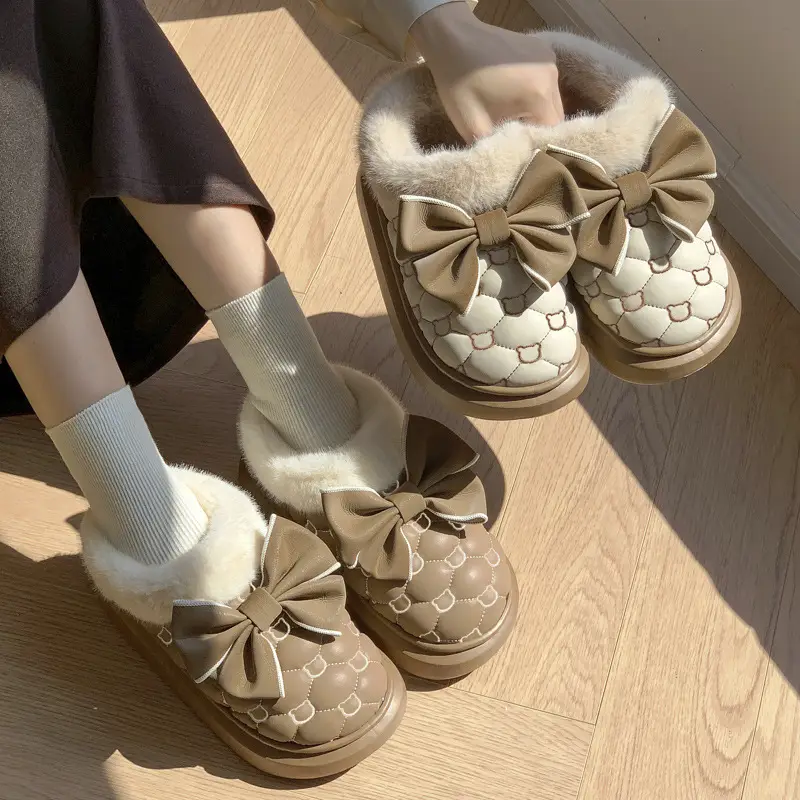 High-looking bowknot waterproof cotton-padded shoes women's bag heel winter indoor home fleece-lined non-slip cotton slippers outer wear warm - Image 6