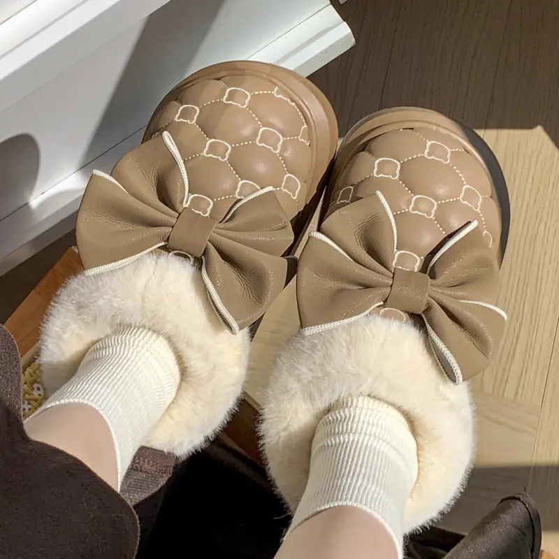 High-looking bowknot waterproof cotton-padded shoes women's bag heel winter indoor home fleece-lined non-slip cotton slippers outer wear warm - Image 7