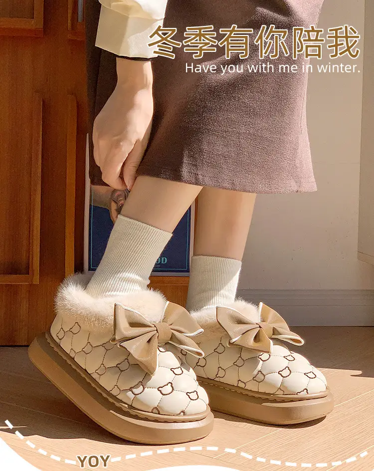 High-looking bowknot waterproof cotton-padded shoes women's bag heel winter indoor home fleece-lined non-slip cotton slippers outer wear warm — feature 1