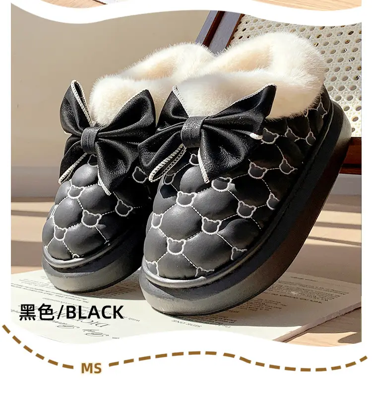 High-looking bowknot waterproof cotton-padded shoes women's bag heel winter indoor home fleece-lined non-slip cotton slippers outer wear warm — feature 15