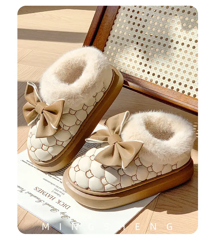 High-looking bowknot waterproof cotton-padded shoes women's bag heel winter indoor home fleece-lined non-slip cotton slippers outer wear warm — feature 4