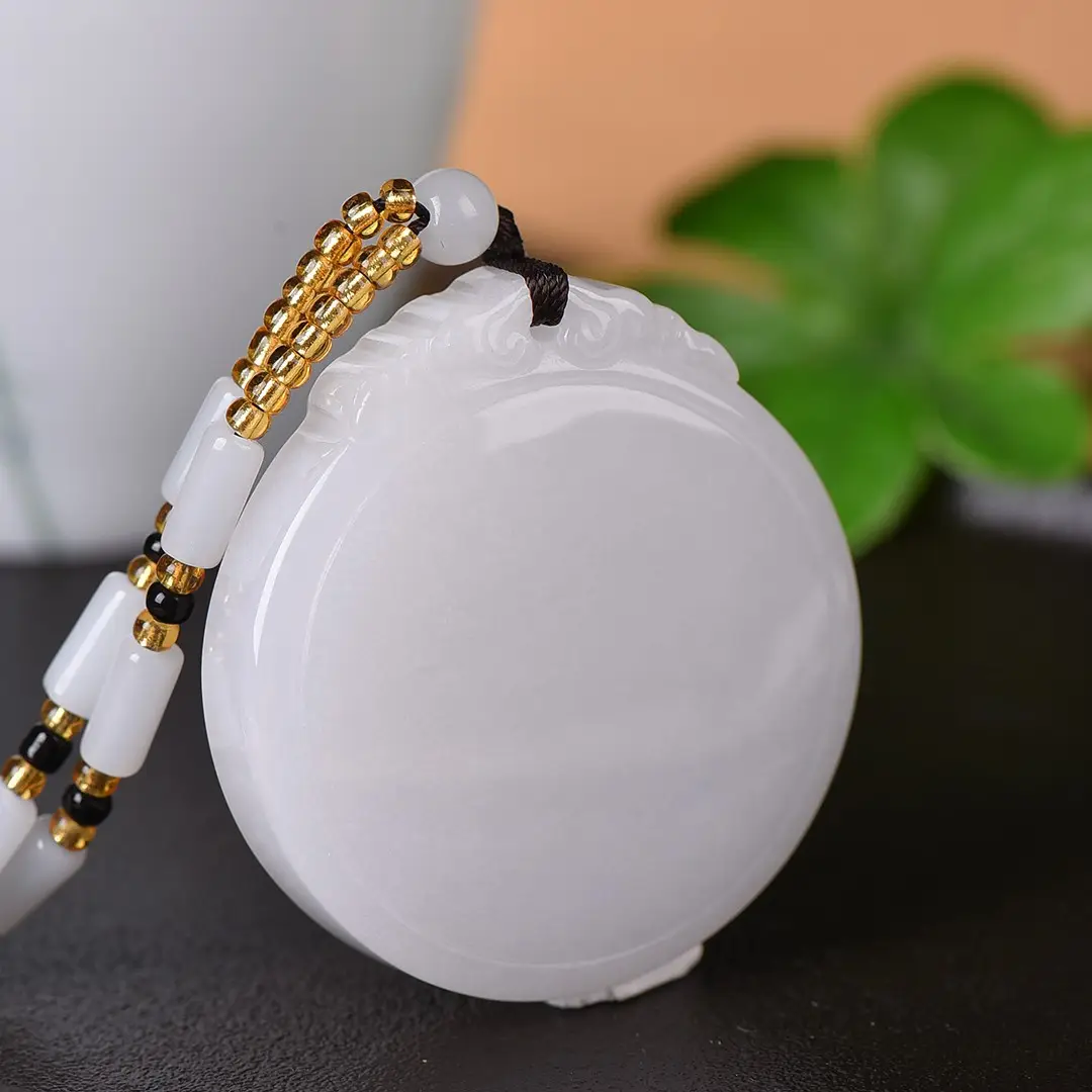 White Round Jade Peace Pendant with Gold Chain - Image 3