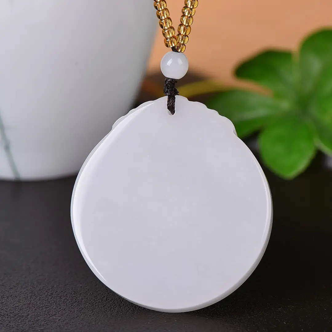White Round Jade Peace Pendant with Gold Chain — feature 7