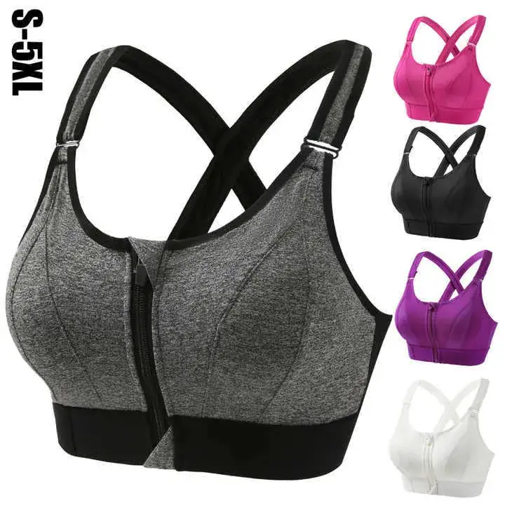 Pink Front Zipper Yoga Fitness Bra with Adjustable Straps