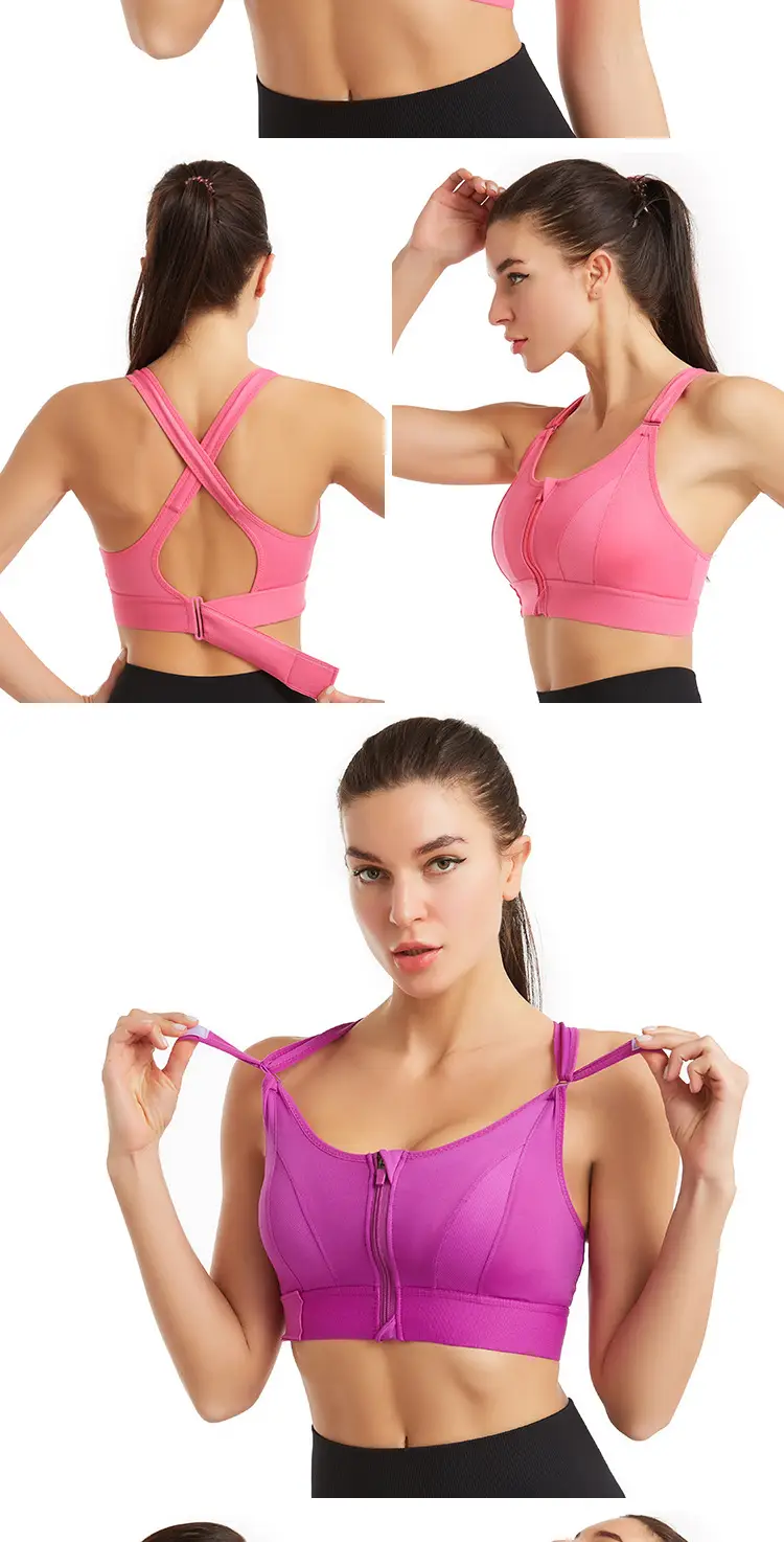 Pink Front Zipper Yoga Fitness Bra with Adjustable Straps — feature 8