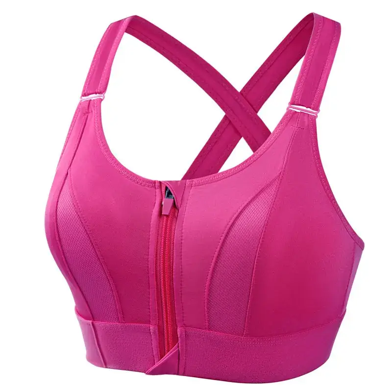 Pink Front Zipper Yoga Fitness Bra with Adjustable Straps