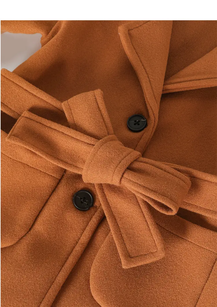 Women Woolen Long Coat Solid Brown Sheep Thick Lapels — feature 14