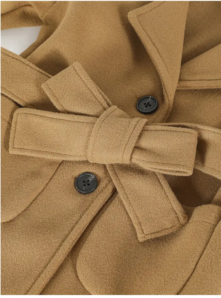 Women Woolen Long Coat Solid Brown Sheep Thick Lapels — feature 26