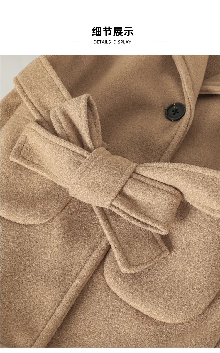 Women Woolen Long Coat Solid Brown Sheep Thick Lapels — feature 8
