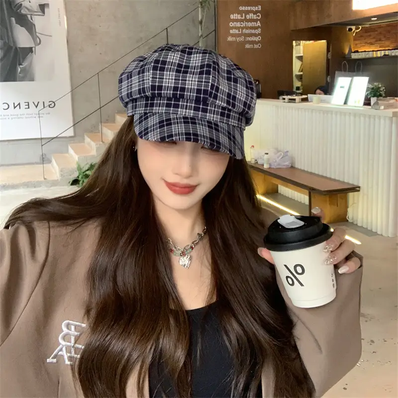 Women's Plaid Beret with Face Mask Hat - Image 5