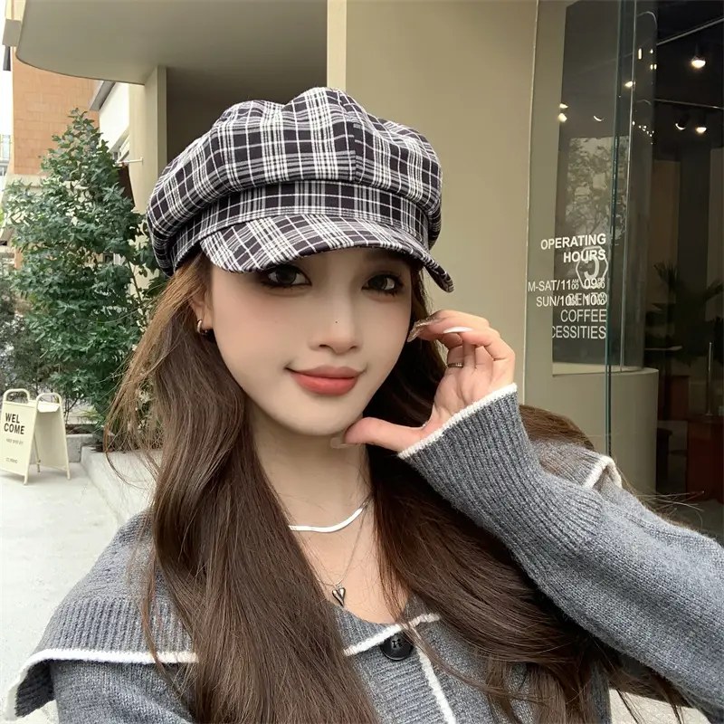 Women's Plaid Beret with Face Mask Hat - Image 6