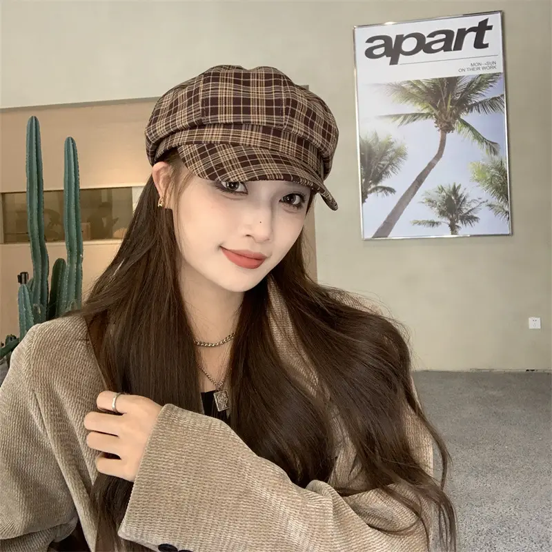 Women's Plaid Beret with Face Mask Hat - Image 7